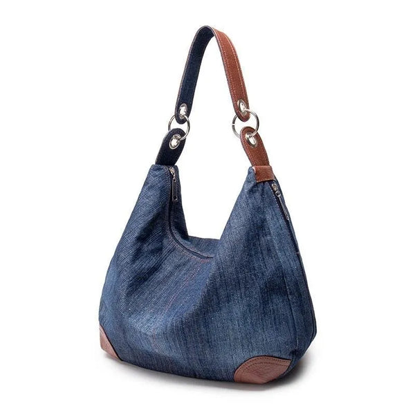 Denim Hobo Bag with Leather Patch