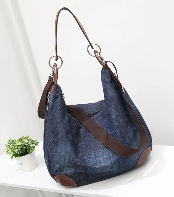 Denim Hobo Bag with Leather Patch