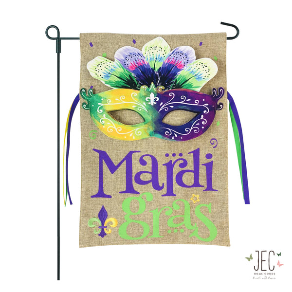 Mardi Gras Watercolor Mask Burlap 2-Sided Garden Flag 12.5x18"