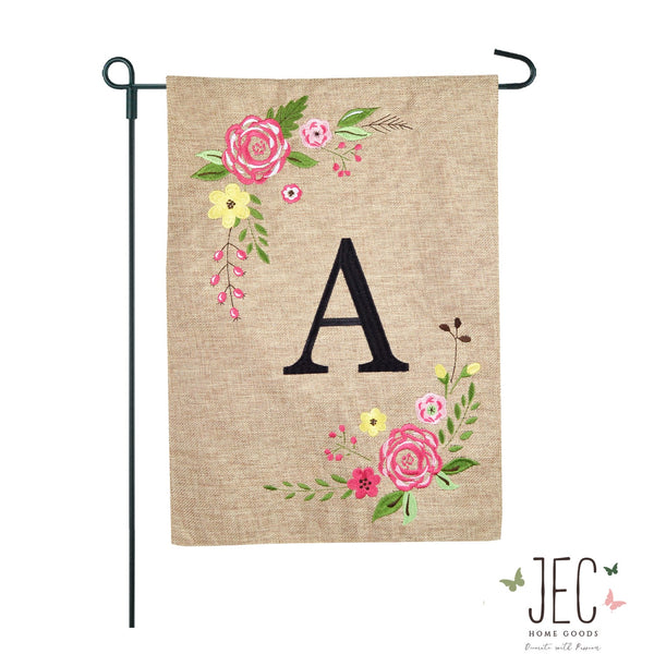 Rose Monogram Burlap 2-Sided Garden Flag 12.5x18"