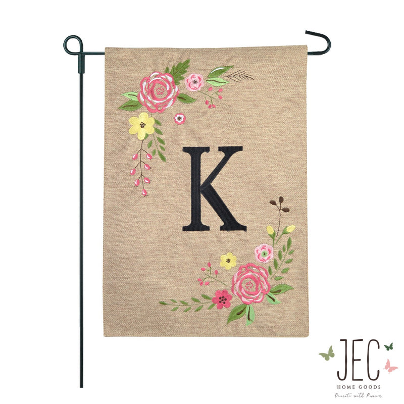 Rose Monogram Burlap 2-Sided Garden Flag 12.5x18"