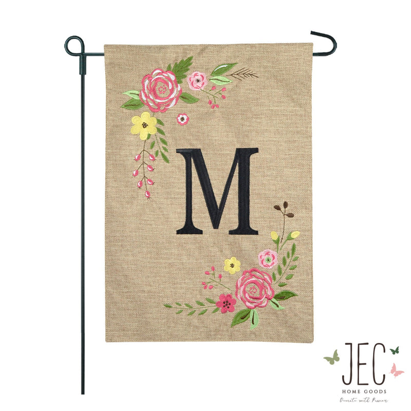 Rose Monogram Burlap 2-Sided Garden Flag 12.5x18"