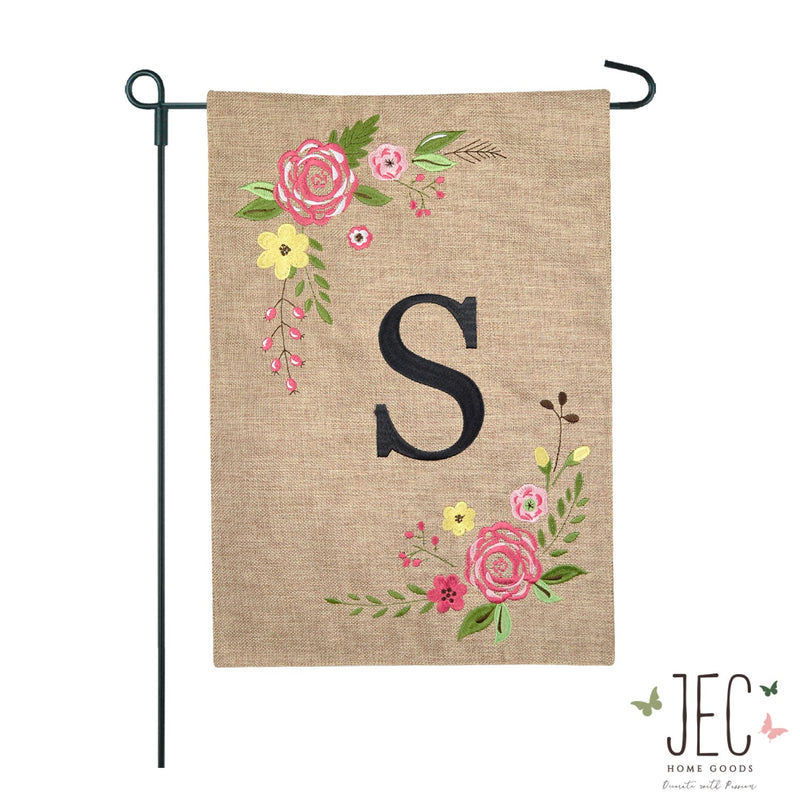 Rose Monogram Burlap 2-Sided Garden Flag 12.5x18"