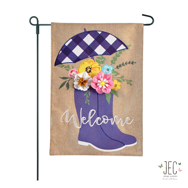 Rainboots Flowers 2-Sided Burlap Garden Flag 12.5x18"