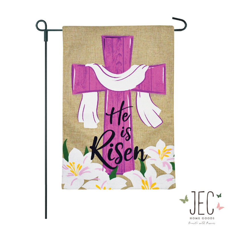 He's Risen Easter Burlap 2-Sided Garden Flag 12.5x18"