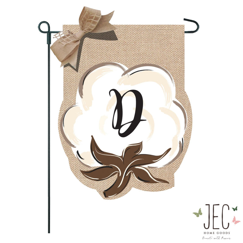 Cotton Boll Monogram Burlap 2-Sided Garden Flag 12.5x18"