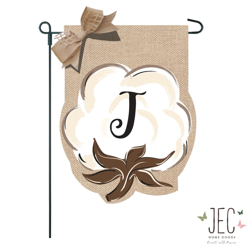 Cotton Boll Monogram Burlap 2-Sided Garden Flag 12.5x18"