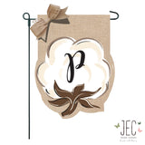 Cotton Boll Monogram Burlap 2-Sided Garden Flag 12.5x18"