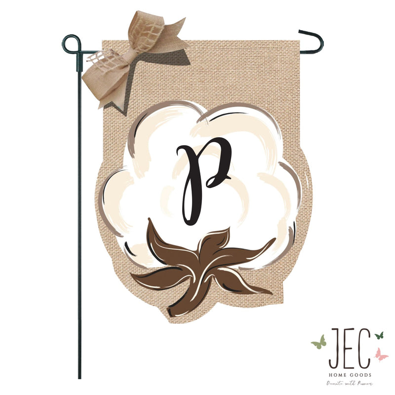 Cotton Boll Monogram Burlap 2-Sided Garden Flag 12.5x18"