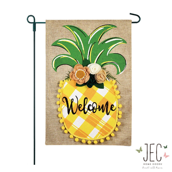 Pineapple Pom Pom Welcome Burlap 2-Sided Garden Flag 12.5x18"