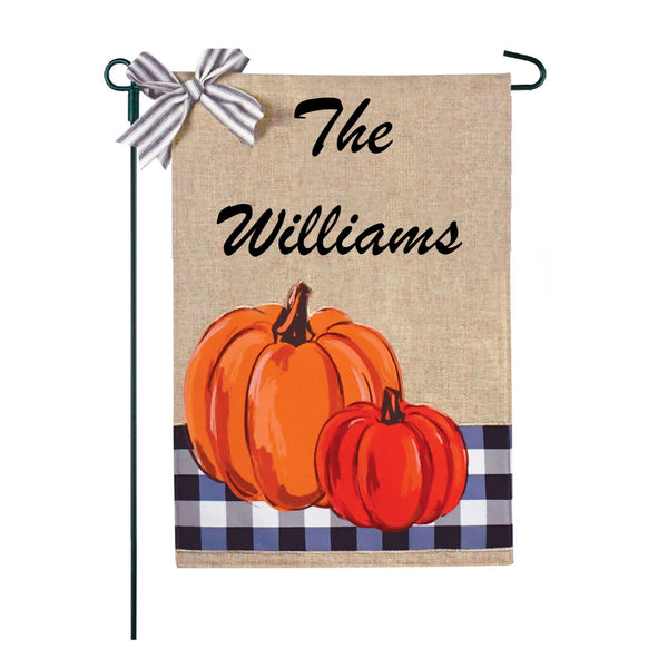 Personalized Blue Buffalo Plaid Pumpkins Burlap 2-Sided Garden Flag 12.5x18"