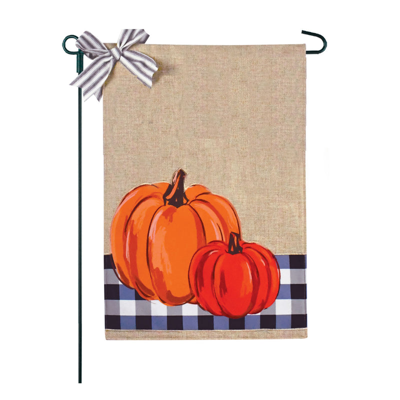 Personalized Blue Buffalo Plaid Pumpkins Burlap 2-Sided Garden Flag 12.5x18"