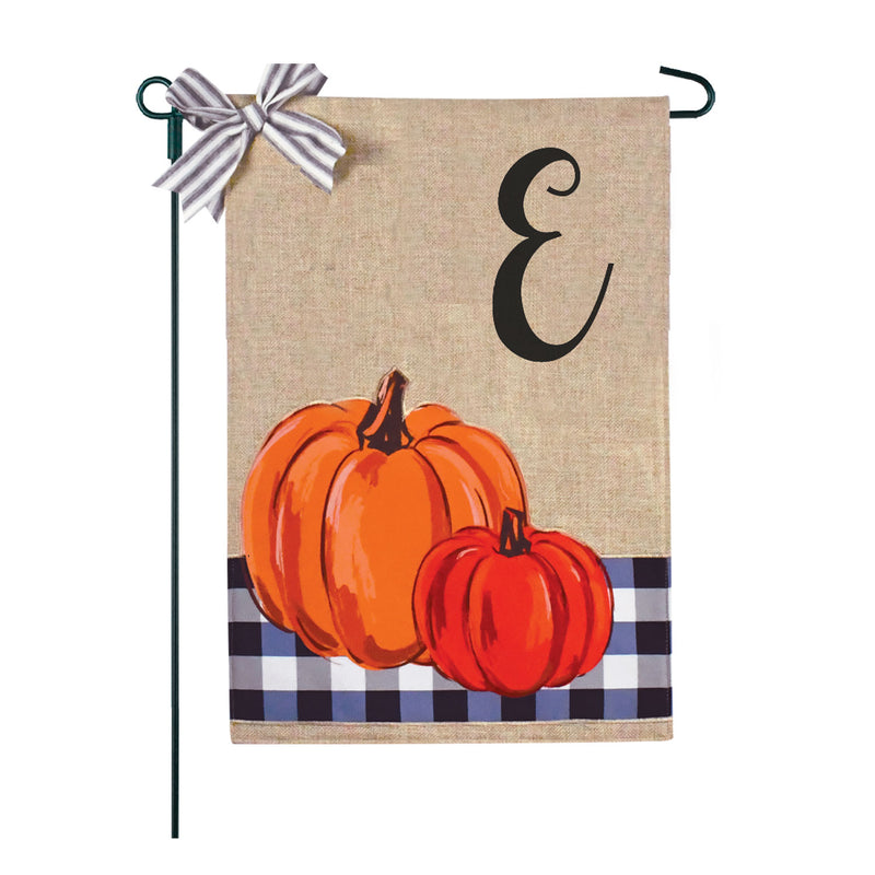 Blue Buffalo Plaid Pumpkins Monogram Burlap 2-Sided Garden Flag 12.5x18"