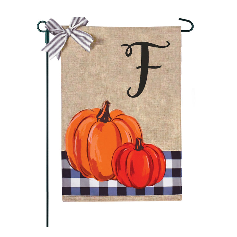 Blue Buffalo Plaid Pumpkins Monogram Burlap 2-Sided Garden Flag 12.5x18"