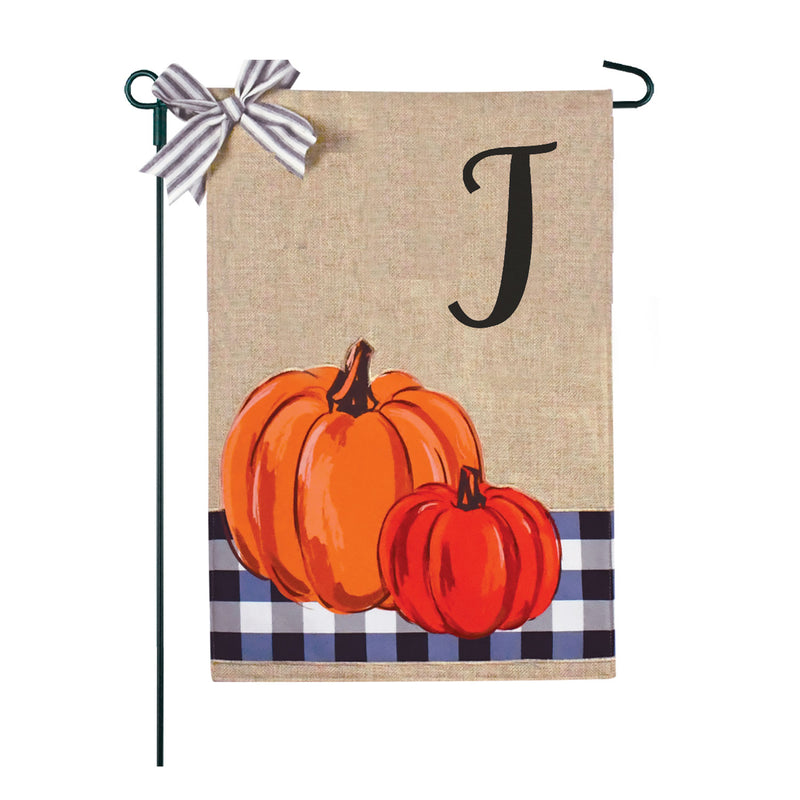 Blue Buffalo Plaid Pumpkins Monogram Burlap 2-Sided Garden Flag 12.5x18"