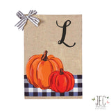 Blue Buffalo Plaid Pumpkins Monogram Burlap 2-Sided Garden Flag 12.5x18"