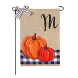 Blue Buffalo Plaid Pumpkins Monogram Burlap 2-Sided Garden Flag 12.5x18"