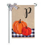 Blue Buffalo Plaid Pumpkins Monogram Burlap 2-Sided Garden Flag 12.5x18"