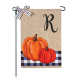 Blue Buffalo Plaid Pumpkins Monogram Burlap 2-Sided Garden Flag 12.5x18"