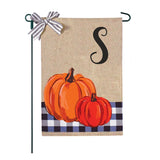 Blue Buffalo Plaid Pumpkins Monogram Burlap 2-Sided Garden Flag 12.5x18"