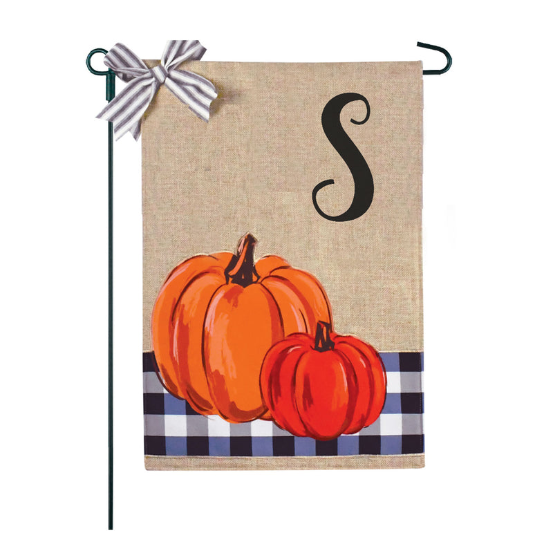 Blue Buffalo Plaid Pumpkins Monogram Burlap 2-Sided Garden Flag 12.5x18"