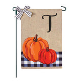 Blue Buffalo Plaid Pumpkins Monogram Burlap 2-Sided Garden Flag 12.5x18"