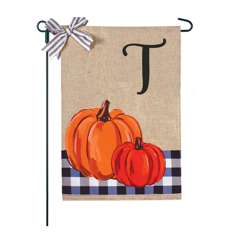 Blue Buffalo Plaid Pumpkins Monogram Burlap 2-Sided Garden Flag 12.5x18"