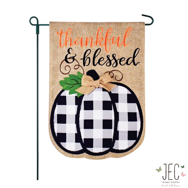 Black and White Buffalo Plaid Pumpkin Burlap 2-Sided Garden Flag 12.5x18"