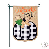 Black and White Buffalo Plaid Pumpkin Burlap 2-Sided Garden Flag 12.5x18"