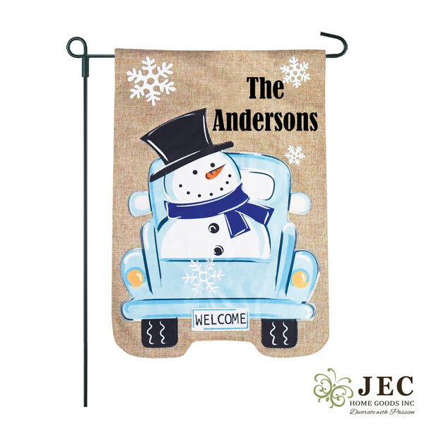 Personalized Snowman Truck Burlap 2-Sided Garden Flag 12.5x18"