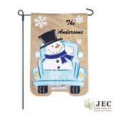 Personalized Snowman Truck Burlap 2-Sided Garden Flag 12.5x18"