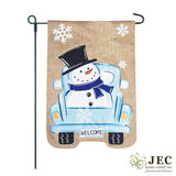 Personalized Snowman Truck Burlap 2-Sided Garden Flag 12.5x18"