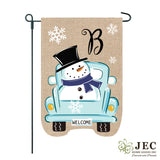 Snowman Truck Monogram Burlap 2-Sided Garden Flag 12.5x18"