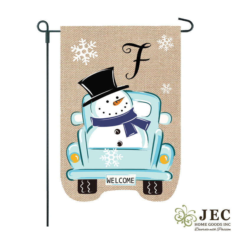 Snowman Truck Monogram Burlap 2-Sided Garden Flag 12.5x18"