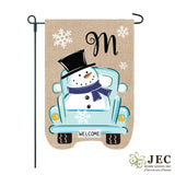 Snowman Truck Monogram Burlap 2-Sided Garden Flag 12.5x18"