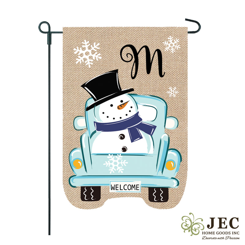 Snowman Truck Monogram Burlap 2-Sided Garden Flag 12.5x18"