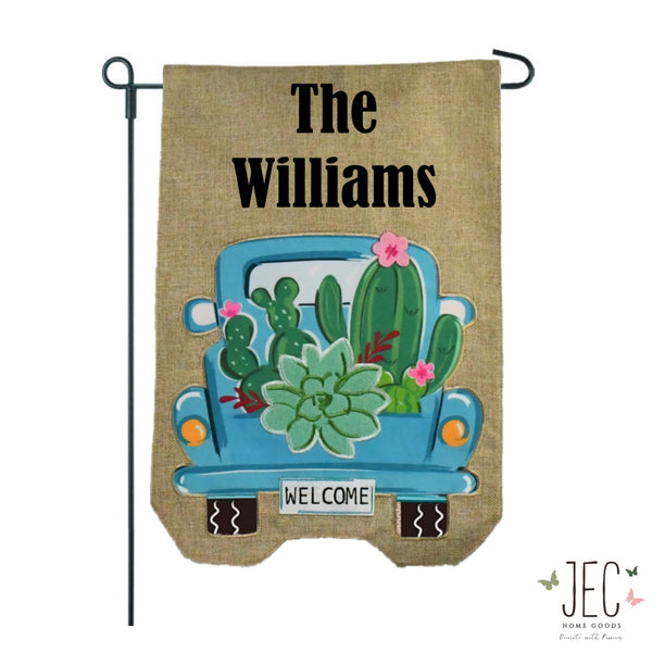 Personalized Cactus Pick Up Truck Burlap 2-Sided Garden Flag 12.5x18"