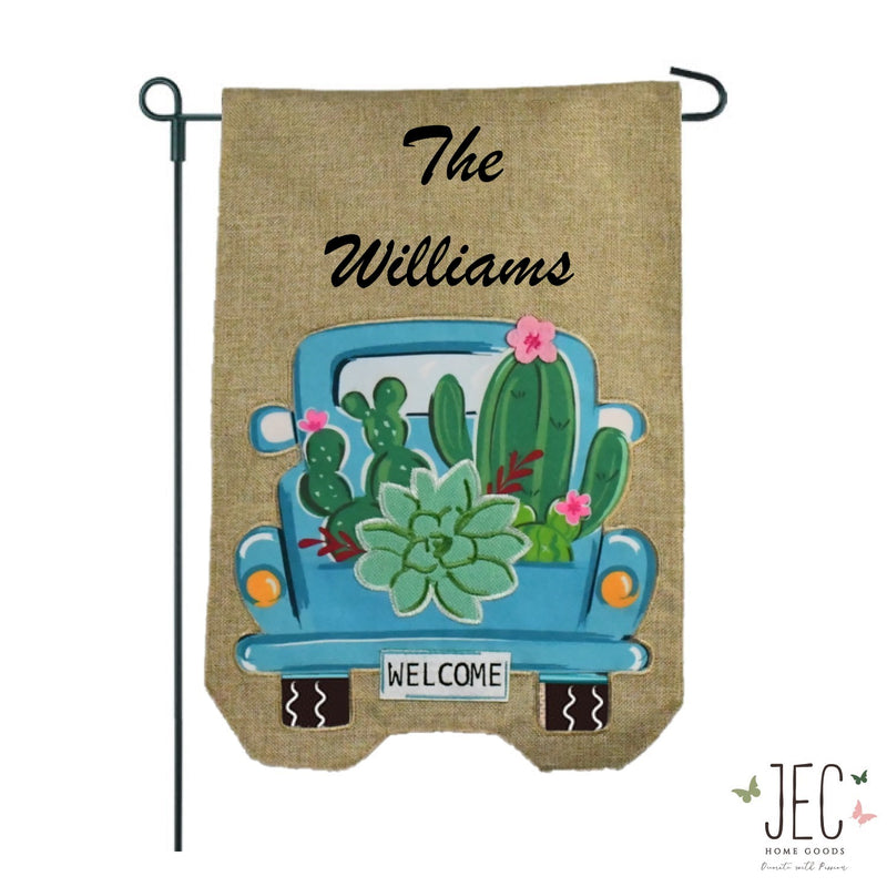 Personalized Cactus Pick Up Truck Burlap 2-Sided Garden Flag 12.5x18"