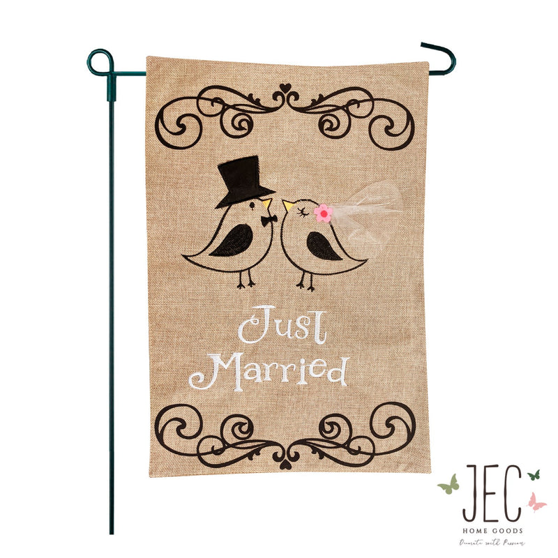 Just Married Bird Burlap 2-Sided Garden Flag 12.5x18"