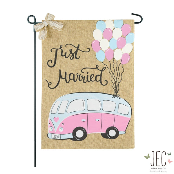 Wedding Camper Bus Burlap 2-Sided Garden Flag 12.5x18"