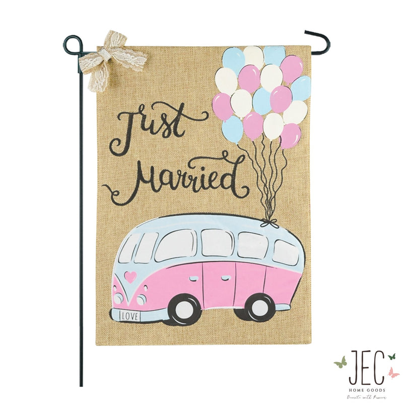 Wedding Camper Bus Burlap 2-Sided Garden Flag 12.5x18"