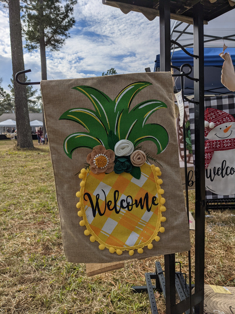 Pineapple Pom Pom Welcome Burlap 2-Sided Garden Flag 12.5x18"