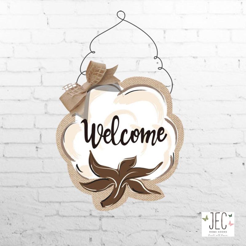 Cotton Boll Welcome Burlap Wall Décor  17.5"x16"