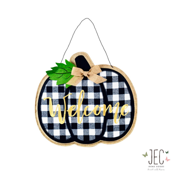 Buffalo Plaid Pumpkin Welcome Burlap Wall Décor 18"x16.5"