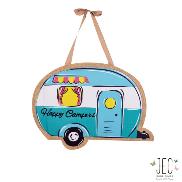 Turquoise Happy Campers Burlap Wall Décor 21"x23"